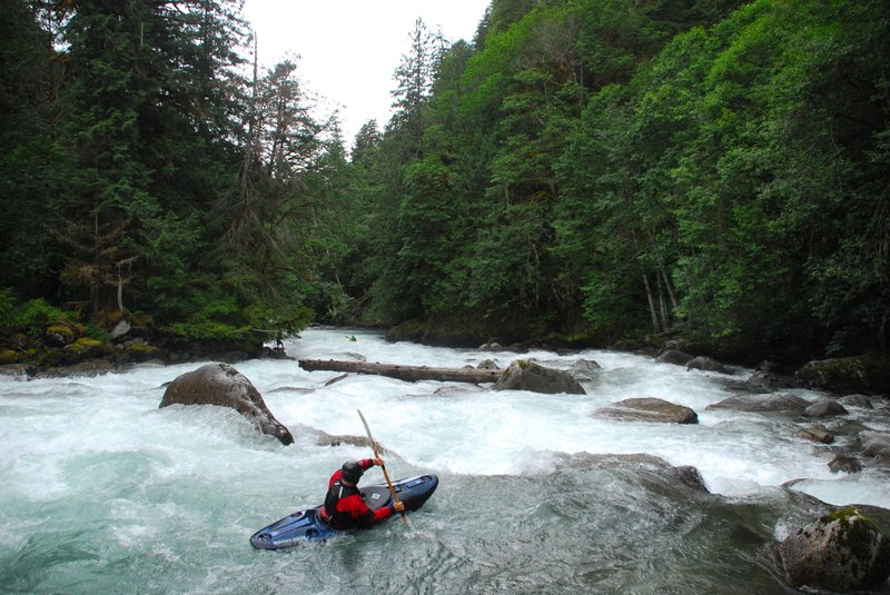 Kayaker rowing through the rapids of the tree-lined Cascade River.
