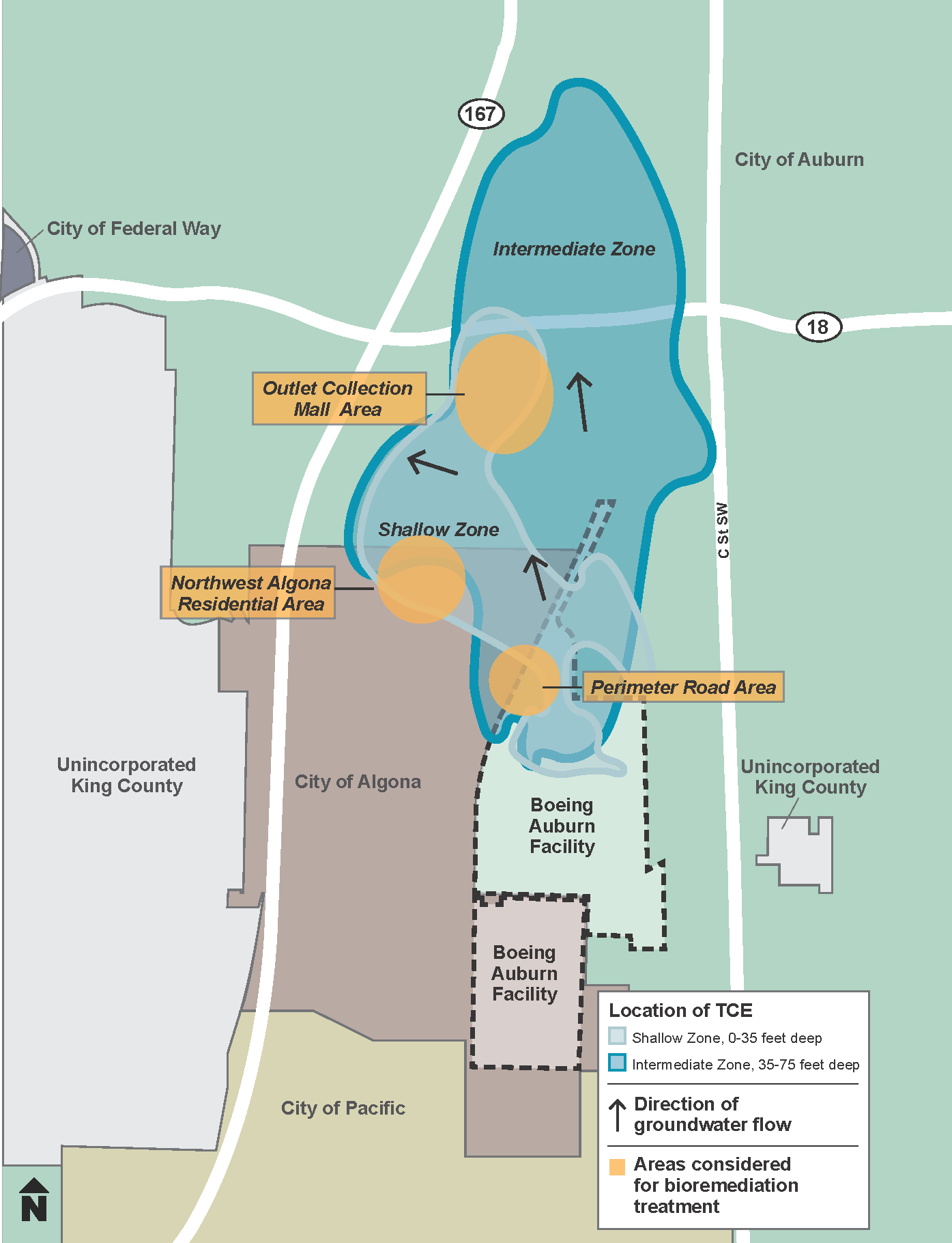 Map of marked areas where we considered bioremediation. 1) Area near Perimeter Road, 2) under Outlet Collection mall, 3) under north Algona neighborhood.