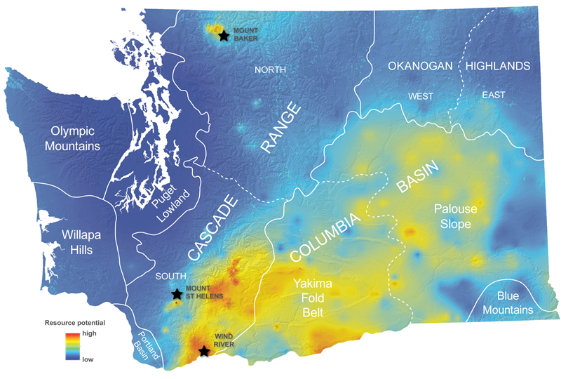 Map showing geothermal resource potential across Washington state with three focus areas noted: Mount Baker, Mount St. Helens, and Wind River valley