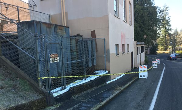 Transformer that leaked as viewed from street.