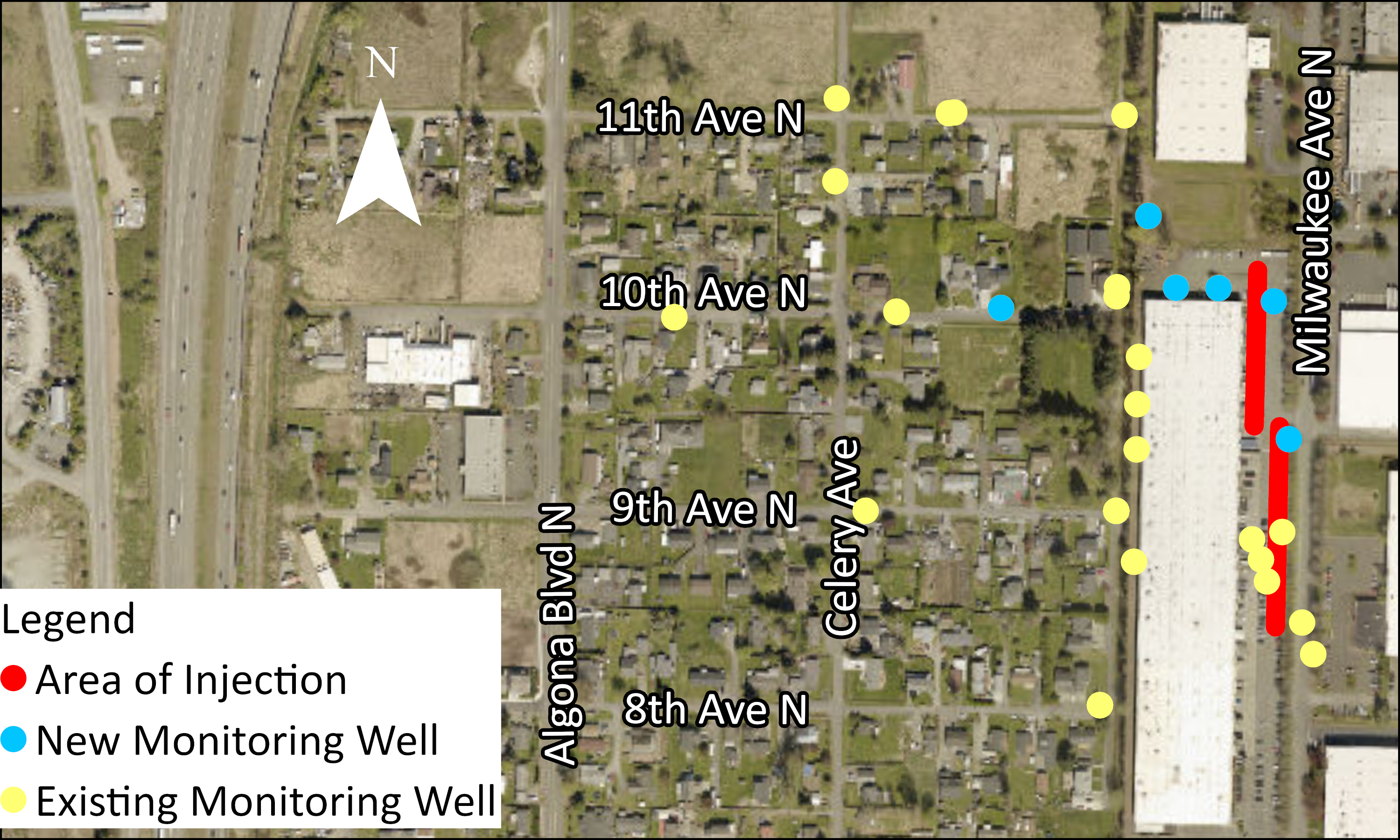 Map showing the area between 8th and 11th Ave N and Algona Blvd and Milwaukee where new or existing wells are.