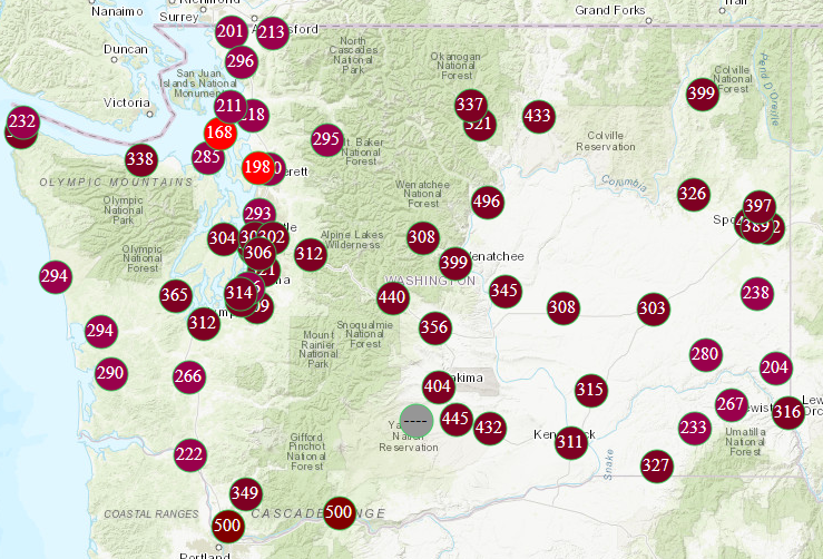 An air quality map from Sept. 14, showing very unhealthy or hazardous air quality across Washington.