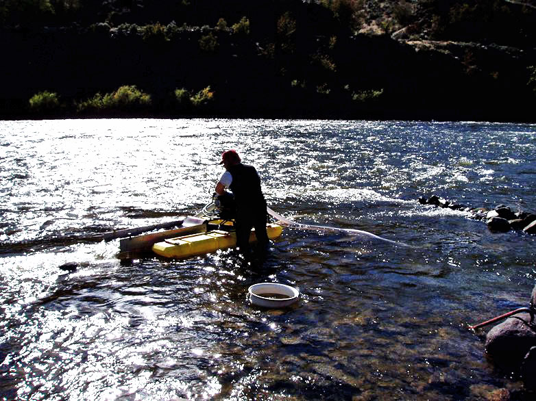 Man operating a suction dredge outdoors in a river. 