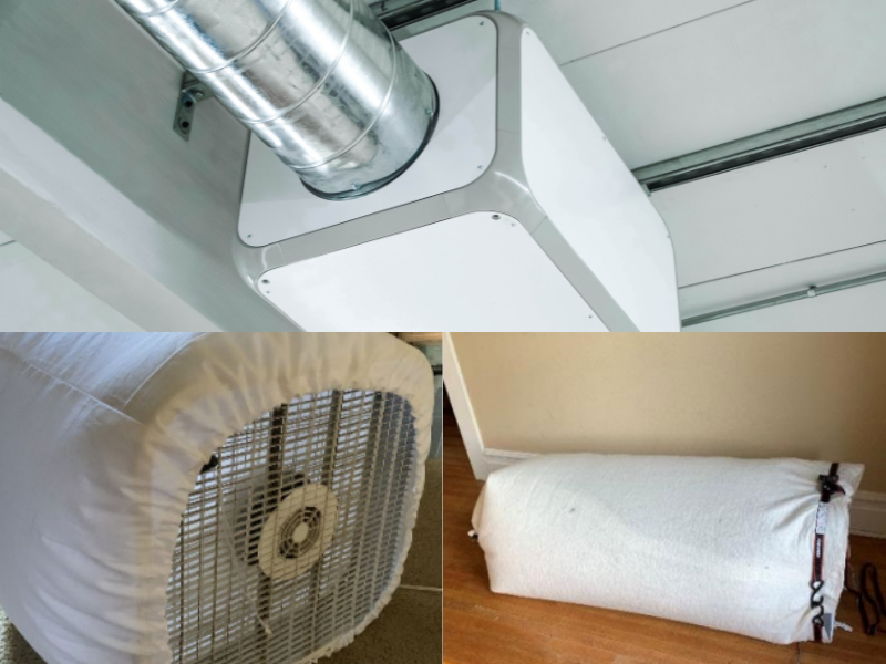 Two different air filter designs. One attached to a duct on the ceiling, the other made with a box fan and fabric filter.