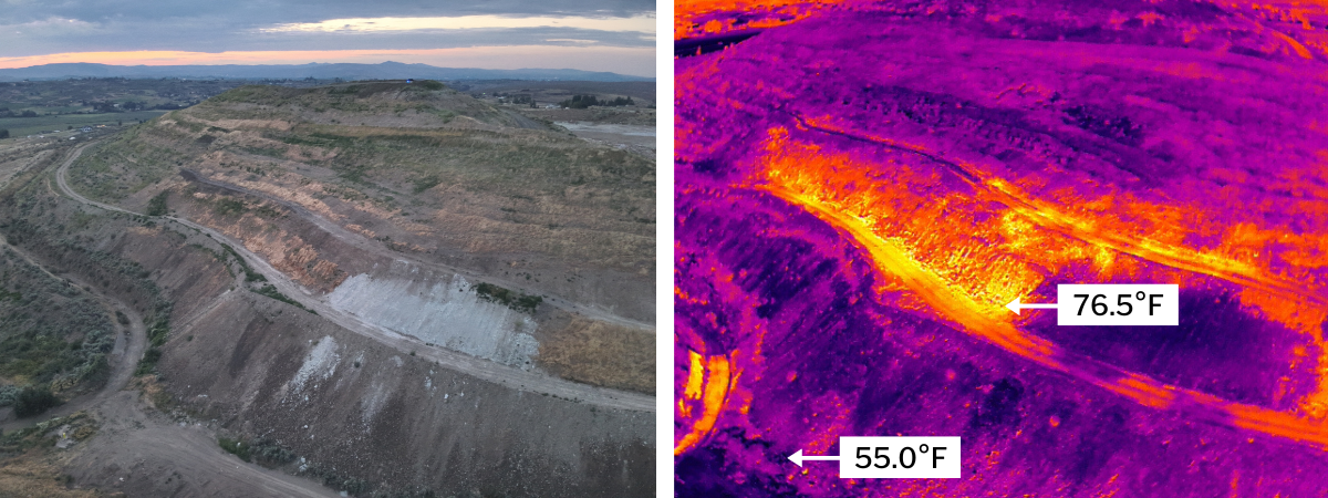 A side-by-side comparison shows a regular aerial photo of DTG Landfill next to a purple and orange thermal image labeling cool and warm spots