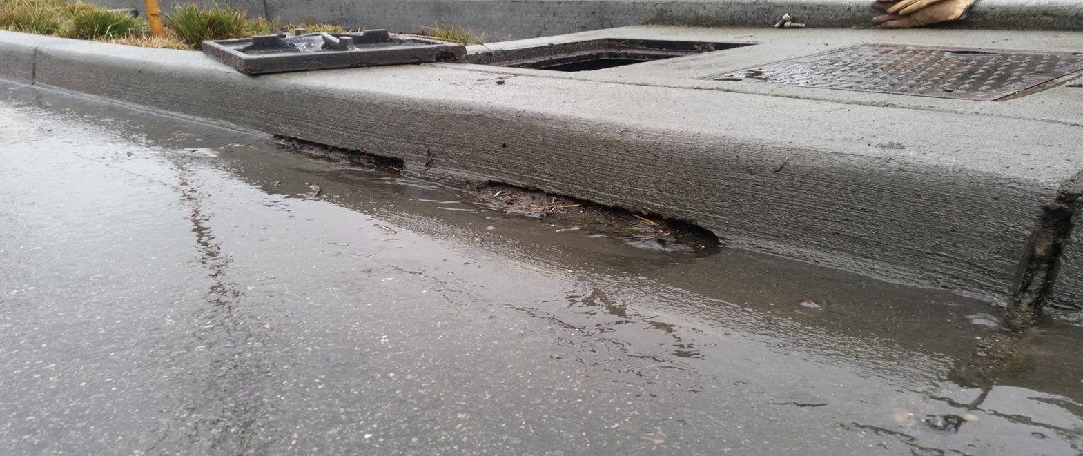 Wet street curb shows stormwater retrofit near Echo Lake. 