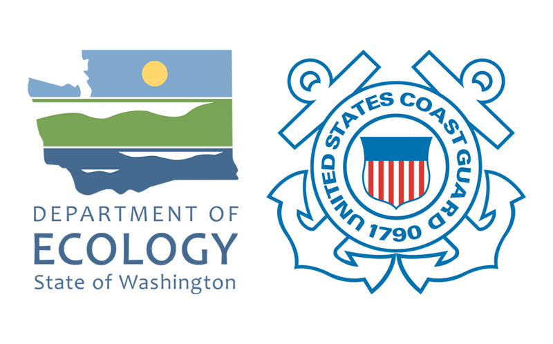 Department of Ecology logo, shaped like state of Washington with blue sky, green hills and dark blue water next to US coast guard logo with two crossed anchors outlined in blue 