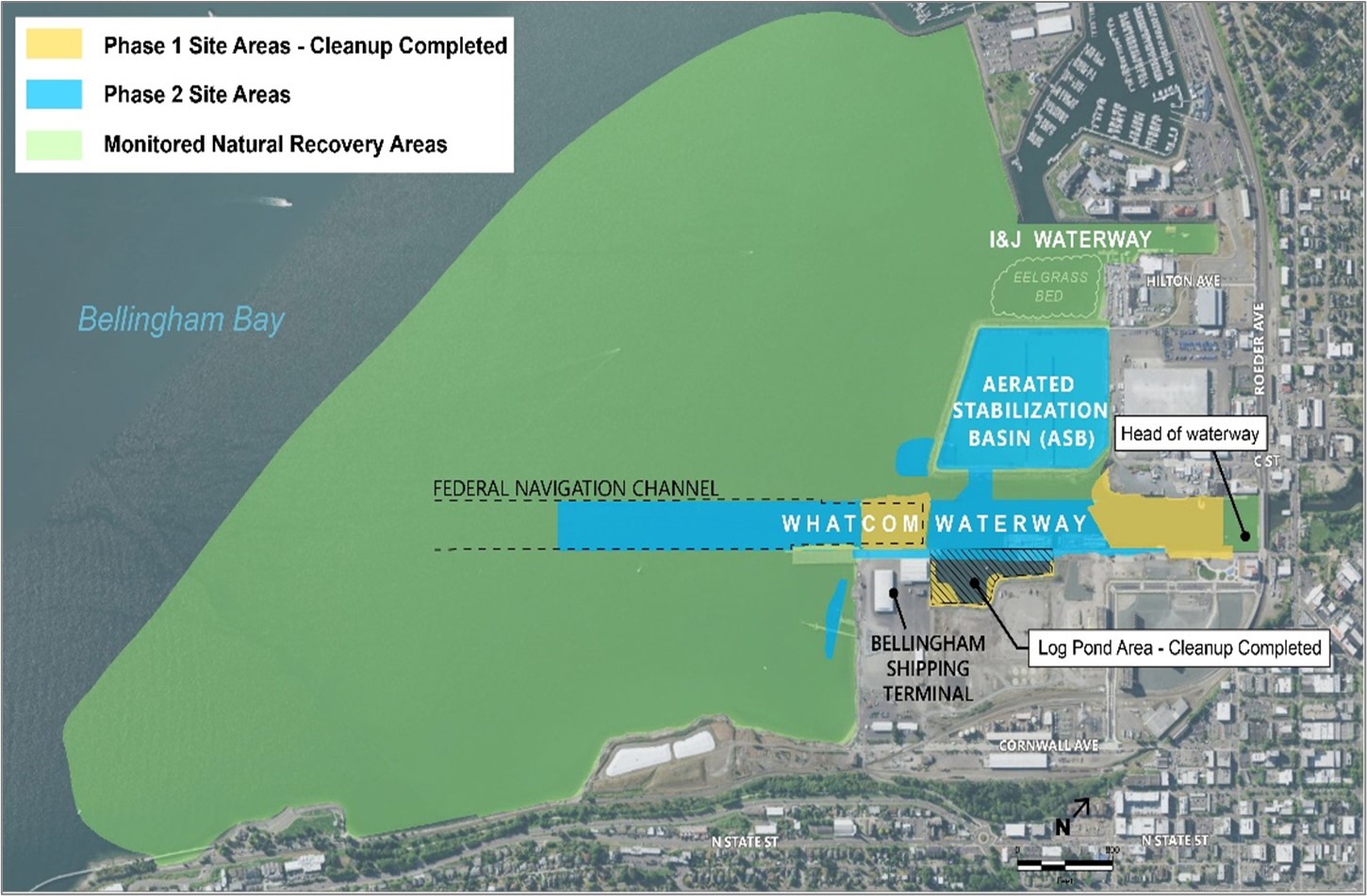 Map of Whatcom Waterway cleanup site showing Phase 1 and Phase 2 Site Areas as well as the monitored natural recovery areas.