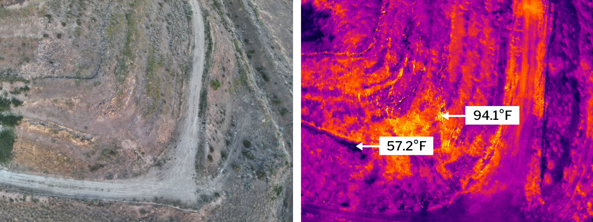A side-by-side comparison shows a regular aerial photo of DTG Landfill next to a purple and orange thermal image labeling cool and warm spots