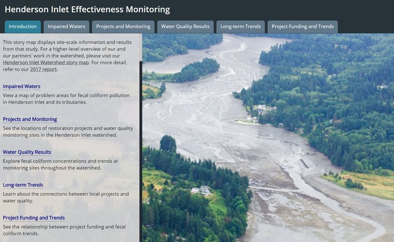 A preview of the story map with an aerial view of Henderson Inlet and tabs for project and monitoring results.
