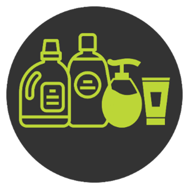 A green outline of plastic containers used for household cleaning products and personal care products.