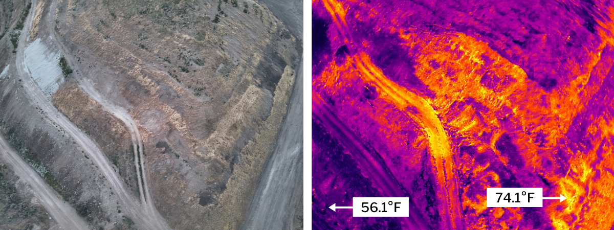 A side-by-side comparison shows a regular aerial photo of DTG Landfill next to a purple and orange thermal image labeling cool and warm spots